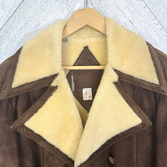 Vintage Mens Sheepskin Shearling Suede Coat Size 40 Brown Marlboro Man Ranch - Picture 3 of 7